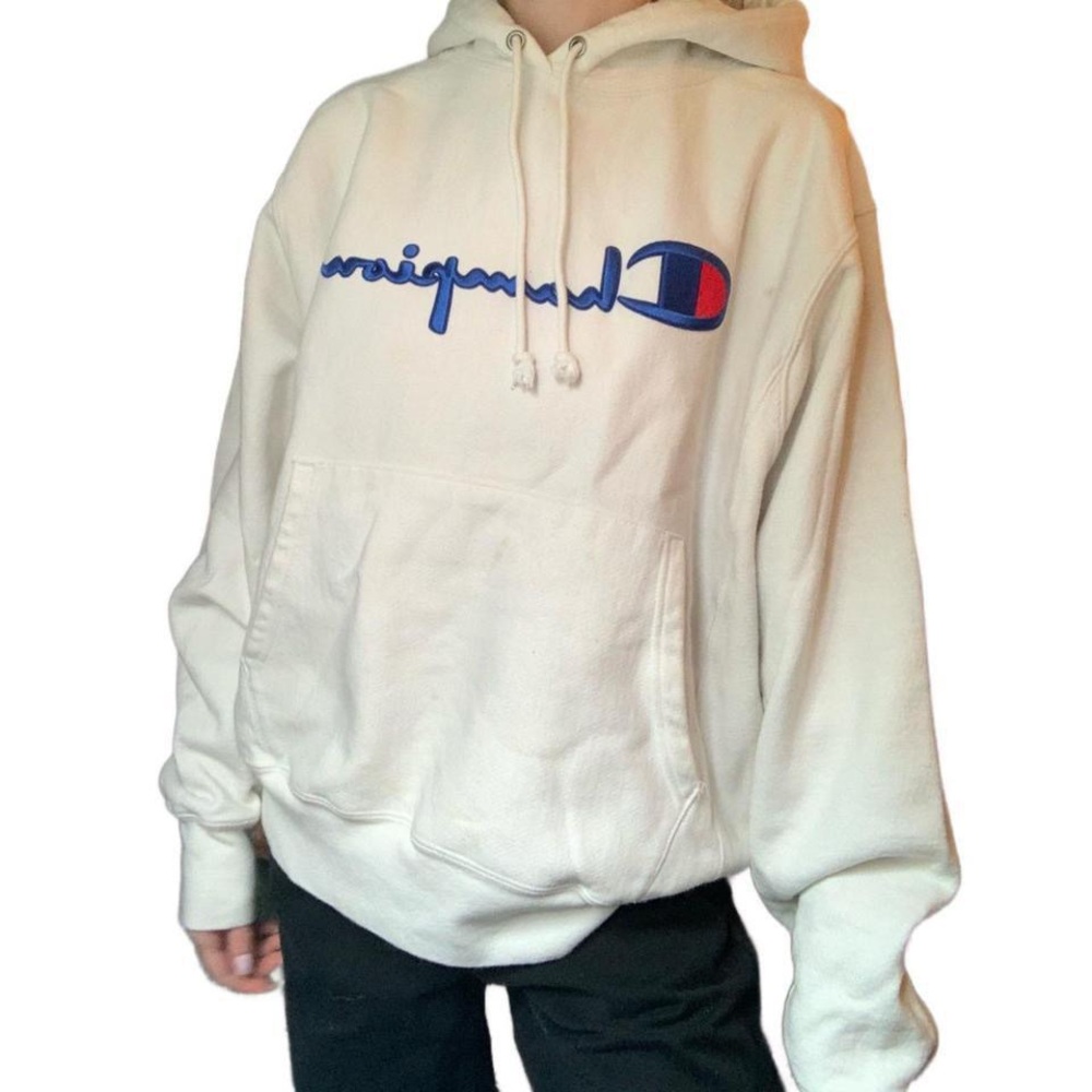 Men’s Champion Reverse Weave Thick White Hoodie With Embroidered Letters- M